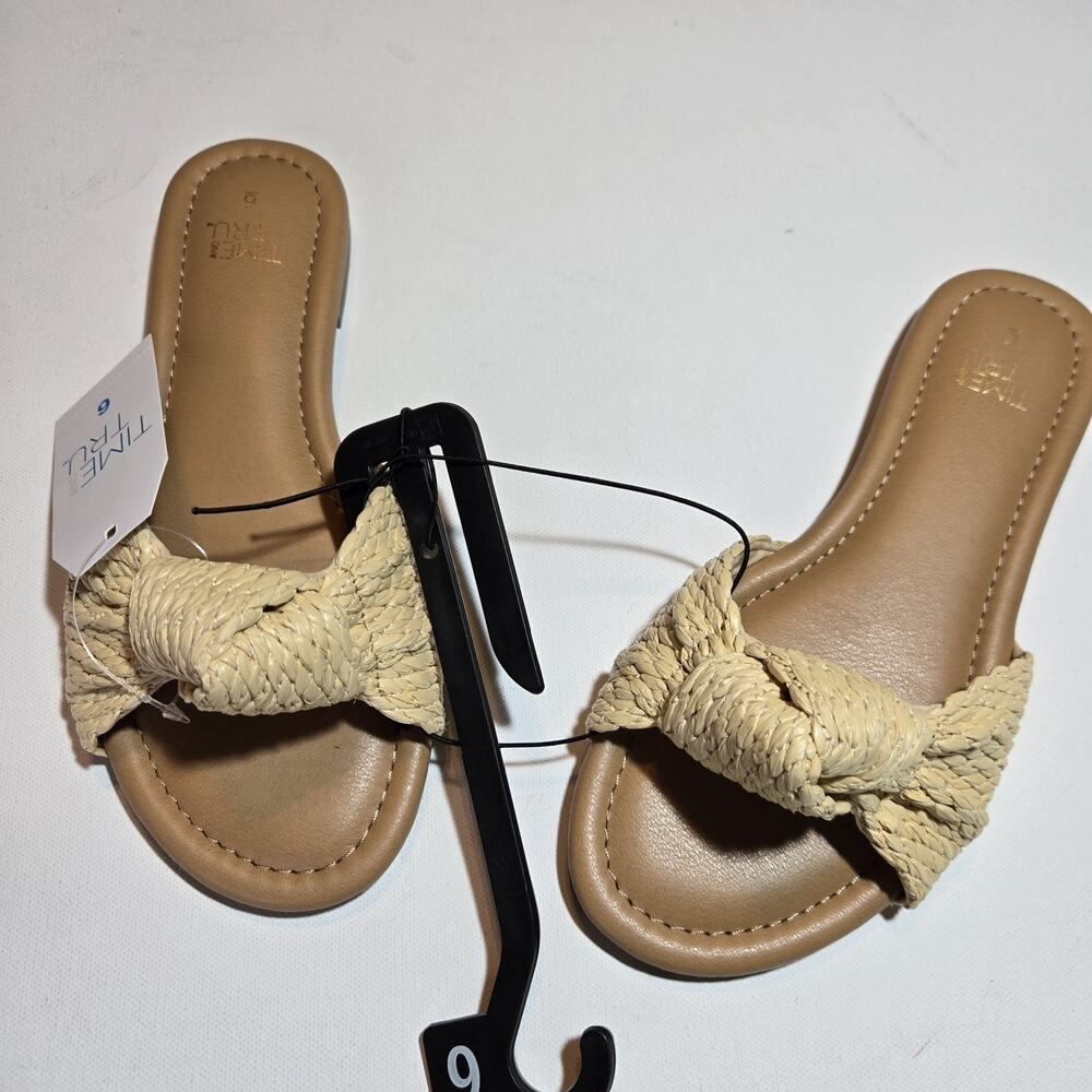 Time and Tru Women’s Woven Raffia Slide Sandals Cream Straw Knot Shoes Size 6